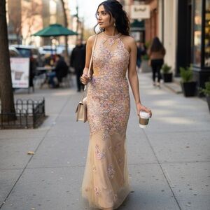 Mignon Floral Embroidered Prom / Evening Gown Pale Gold Size 2 pastel flower